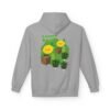 This Lemon Kush hoodie features two weed leaves two lemons standing on boxes squirting lemon juice on weed plants like they are peeing on them. "Lemon Kush is written above the lemons with a green background.