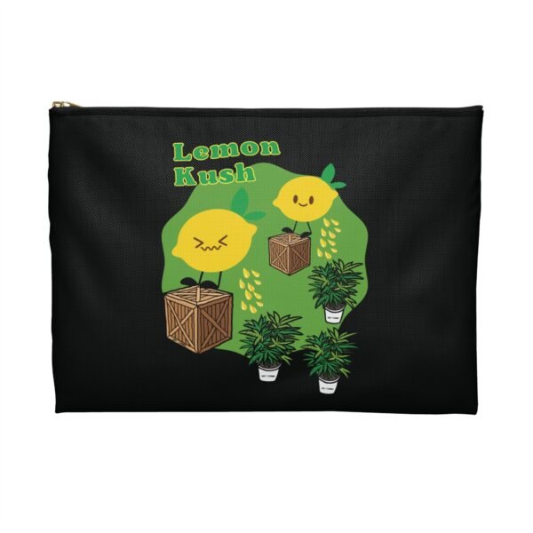 This Lemon Kush accessory pouch features two weed leaves two lemons standing on boxes squirting lemon juice on weed plants like they are peeing on them. "Lemon Kush is written above the lemons with a green background.