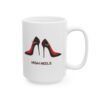 This high heels mug features two grey high heels smoking joints with 'High Heels' written below in red.