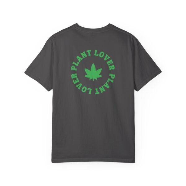 This plant lover weed leaf t-shirt features a bold weed leaf design with 'Plant Lover' written around it, all in a green color same as the weed leaf itself.