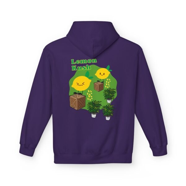 This Lemon Kush hoodie features two weed leaves two lemons standing on boxes squirting lemon juice on weed plants like they are peeing on them. "Lemon Kush is written above the lemons with a green background.