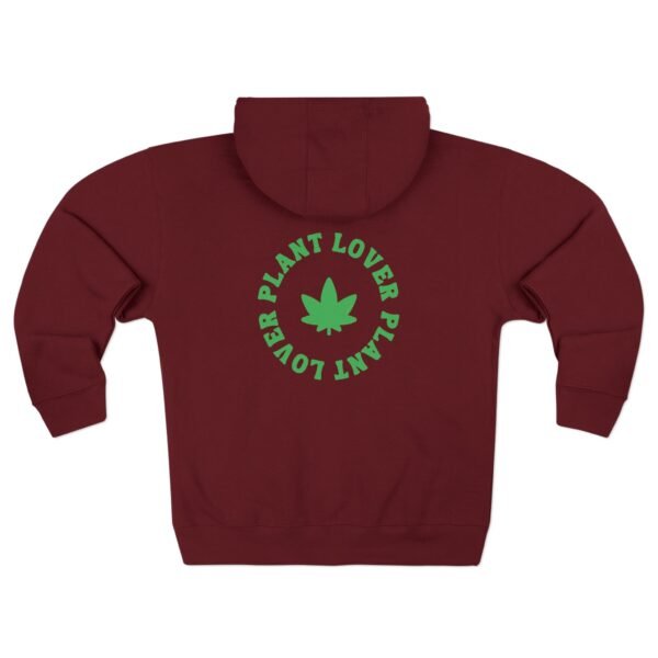 This plant lover zip up features a weed leaf with the words plant lover written around it.
