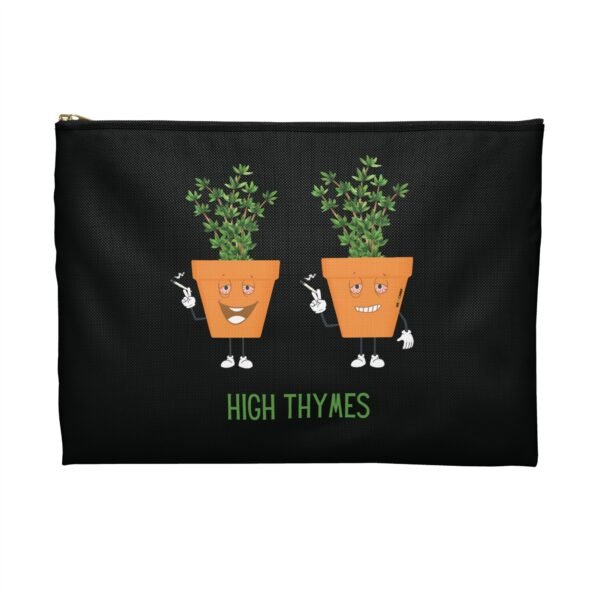 This high thymes accessory pouch features two thyme plants smoking joints with 'High Thymes' written below in green