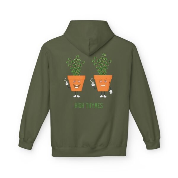 This high thymes hoodie features two thyme plants smoking joints with 'High Thymes' written below in green