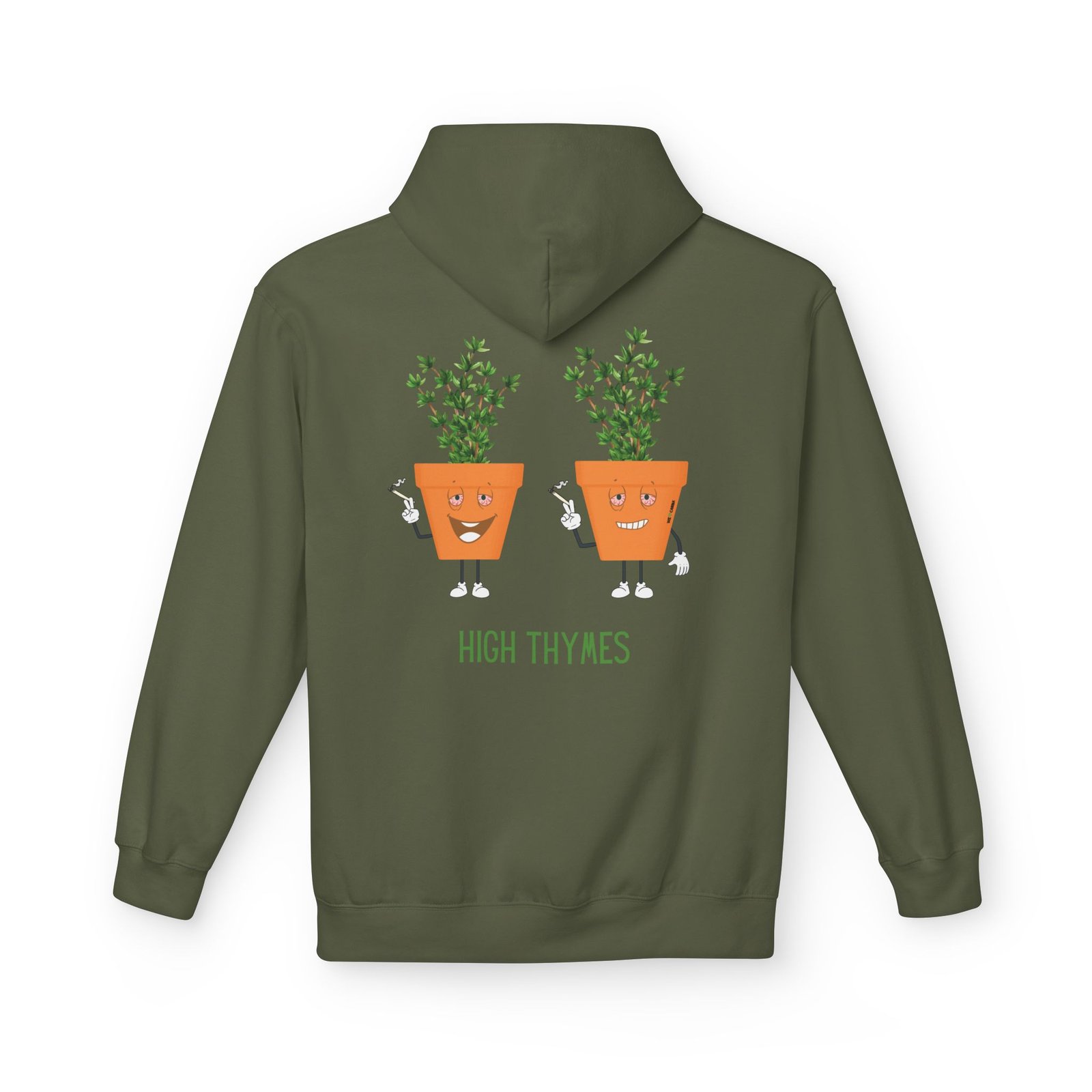 This high thymes hoodie features two thyme plants smoking joints with 'High Thymes' written below in green