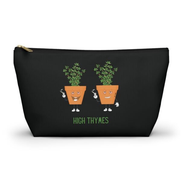 This high thymes accessory pouch t-bottom features two thyme plants smoking joints with 'High Thymes' written below in green