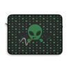 green Alien Portal laptop sleeve features a green alien popping out of a black hole smoking a blunt. weed pattern behind alien