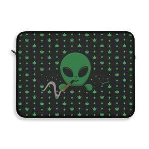 green Alien Portal laptop sleeve features a green alien popping out of a black hole smoking a blunt. weed pattern behind alien