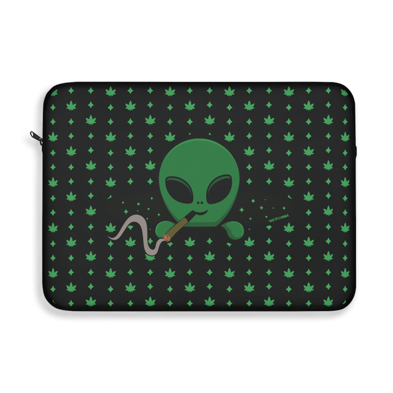 green Alien Portal laptop sleeve features a green alien popping out of a black hole smoking a blunt. weed pattern behind alien