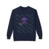Purple Alien Portal sweatshirt features a purple alien popping out of a black hole smoking a blunt. weed pattern behind alien