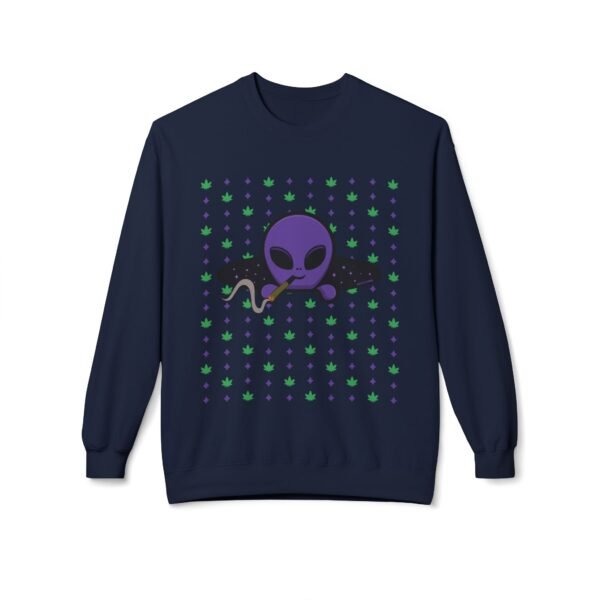 Purple Alien Portal sweatshirt features a purple alien popping out of a black hole smoking a blunt. weed pattern behind alien