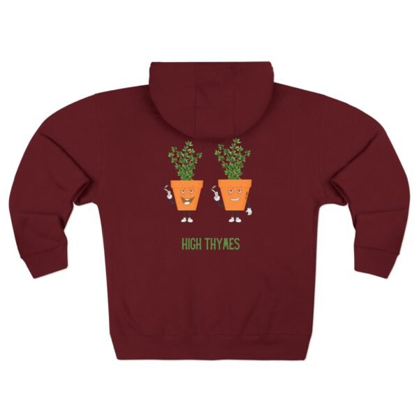 This high thymes zip hoodie features two thyme plants smoking joints with 'High Thymes' written below in green
