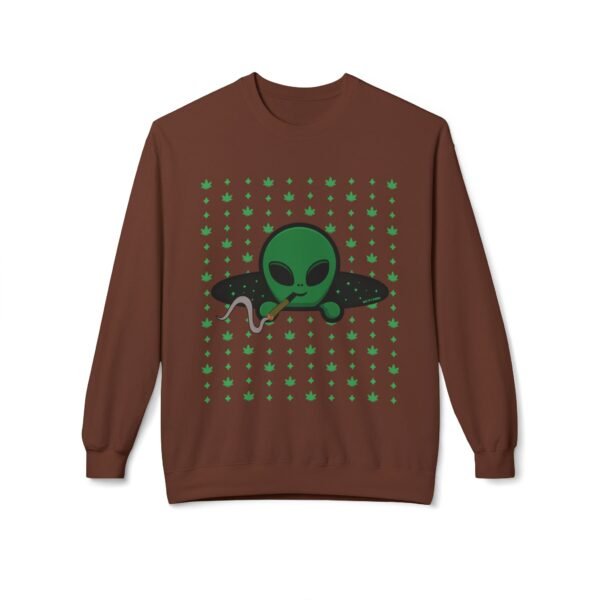 Green Alien Portal Sweatshirt t features a green alien popping out of a black hole smoking a blunt. weed pattern behind alien