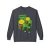 This Lemon Kush Sweatshirt features two weed leaves two lemons standing on boxes squirting lemon juice on weed plants like they are peeing on them. "Lemon Kush is written above the lemons with a green background.