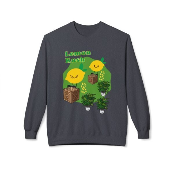 This Lemon Kush Sweatshirt features two weed leaves two lemons standing on boxes squirting lemon juice on weed plants like they are peeing on them. "Lemon Kush is written above the lemons with a green background.