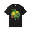This Lemon Kush T-shirt features two weed leaves two lemons standing on boxes squirting lemon juice on weed plants like they are peeing on them. "Lemon Kush is written above the lemons with a green background.