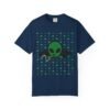 4454328742873802771_2048.jpeg Green Alien Portal T-Shirt features a green alien popping out of a black hole smoking a blunt. weed pattern behind alien