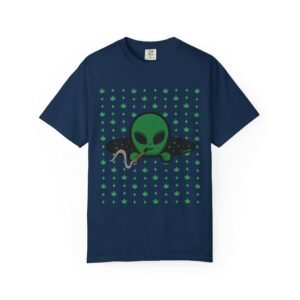 Green Alien Portal T-Shirt features a green alien popping out of a black hole smoking a blunt. weed pattern behind alien