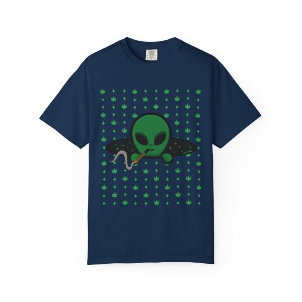 4454328742873802771_2048.jpeg Green Alien Portal T-Shirt features a green alien popping out of a black hole smoking a blunt. weed pattern behind alien