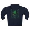Green Alien Portal Zip up features a green alien popping out of a black hole smoking a blunt. weed pattern behind alien