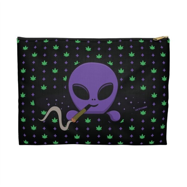 Purple Alien Portal Accessory Pouch features a purple alien popping out of a black hole smoking a blunt. weed pattern behind alien
