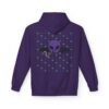 Purple Alien Portal zip up features a purple alien popping out of a black hole smoking a blunt. weed pattern behind alien