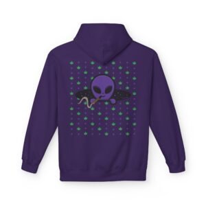 Purple Alien Portal zip up features a purple alien popping out of a black hole smoking a blunt. weed pattern behind alien