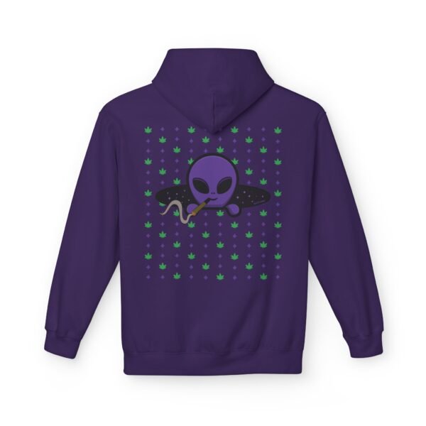 Purple Alien Portal zip up features a purple alien popping out of a black hole smoking a blunt. weed pattern behind alien