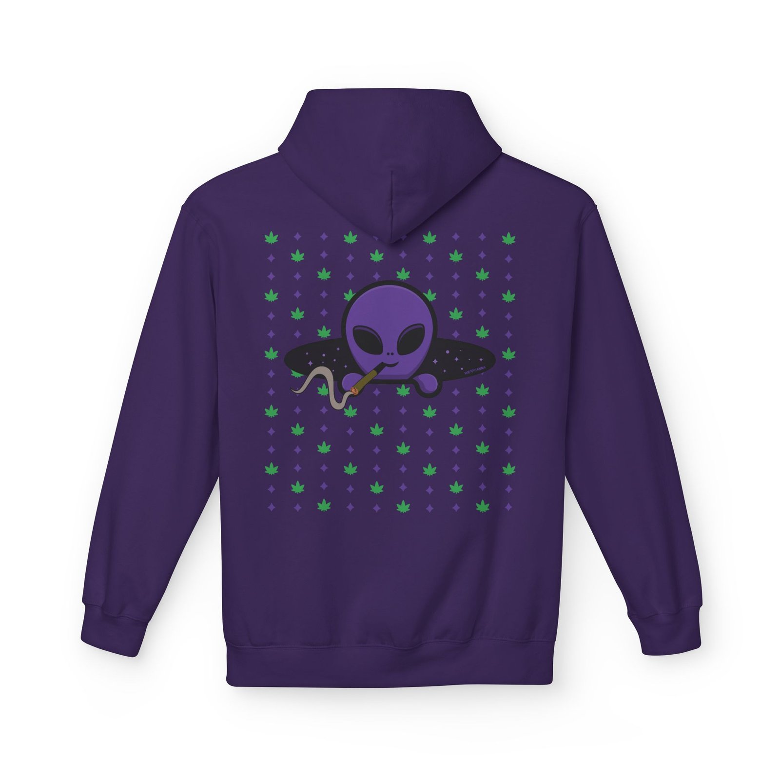 Purple Alien Portal zip up features a purple alien popping out of a black hole smoking a blunt. weed pattern behind alien