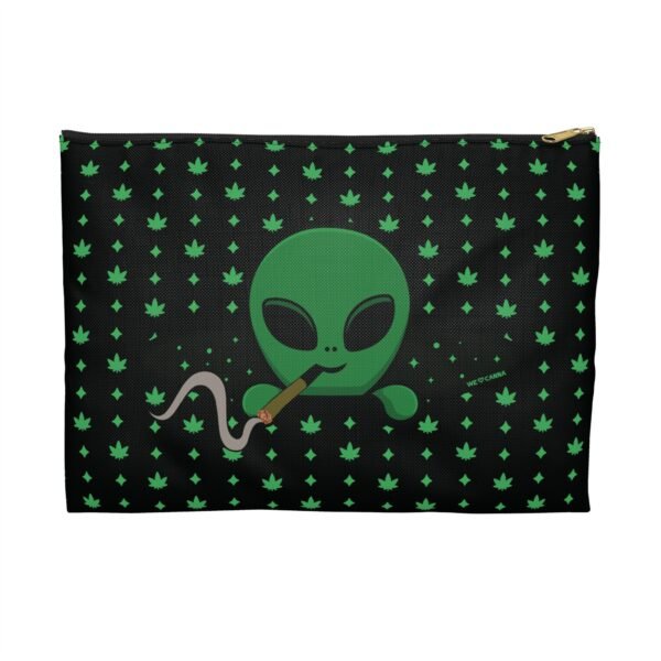Green Alien Portal Accessory Pouch features a green alien popping out of a black hole smoking a blunt. weed pattern behind alien