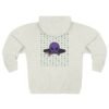 Purple Alien Portal zip up features a purple alien popping out of a black hole smoking a blunt. weed pattern behind alien