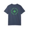 This plant lover weed leaf t-shirt features a bold weed leaf design with 'Plant Lover' written around it, all in a green color same as the weed leaf itself.