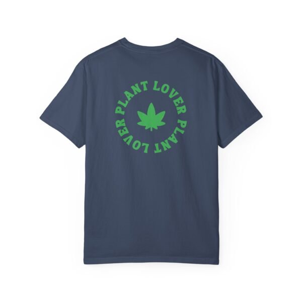 This plant lover weed leaf t-shirt features a bold weed leaf design with 'Plant Lover' written around it, all in a green color same as the weed leaf itself.