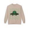 Green Alien Portal Sweatshirt t features a green alien popping out of a black hole smoking a blunt. weed pattern behind alien