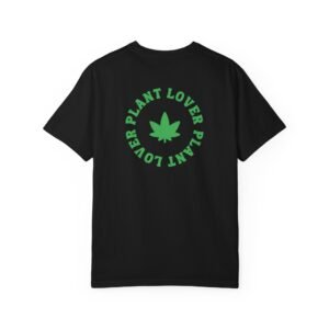 This plant lover weed leaf t-shirt features a bold weed leaf design with 'Plant Lover' written around it, all in a green color same as the weed leaf itself.