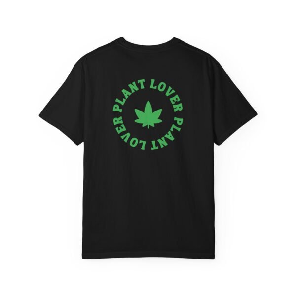 This plant lover weed leaf t-shirt features a bold weed leaf design with 'Plant Lover' written around it, all in a green color same as the weed leaf itself.