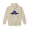Purple Alien Portal zip up features a purple alien popping out of a black hole smoking a blunt. weed pattern behind alien