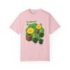 This Lemon Kush T-shirt features two weed leaves two lemons standing on boxes squirting lemon juice on weed plants like they are peeing on them. "Lemon Kush is written above the lemons with a green background.