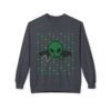 Green Alien Portal Sweatshirt t features a green alien popping out of a black hole smoking a blunt. weed pattern behind alien