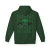 Green Alien Portal Hoodie features a green alien popping out of a black hole smoking a blunt. weed pattern behind alien