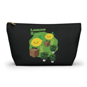 This Lemon Kush accessory pouch t-bag features two weed leaves two lemons standing on boxes squirting lemon juice on weed plants like they are peeing on them. "Lemon Kush is written above the lemons with a green background.