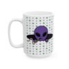 Purple Alien Portal Mug features a purple alien popping out of a black hole smoking a blunt. weed pattern behind alien