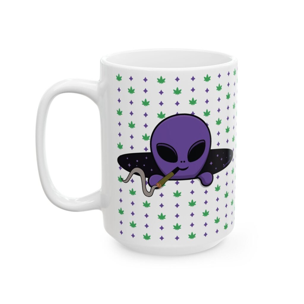 Purple Alien Portal Mug features a purple alien popping out of a black hole smoking a blunt. weed pattern behind alien