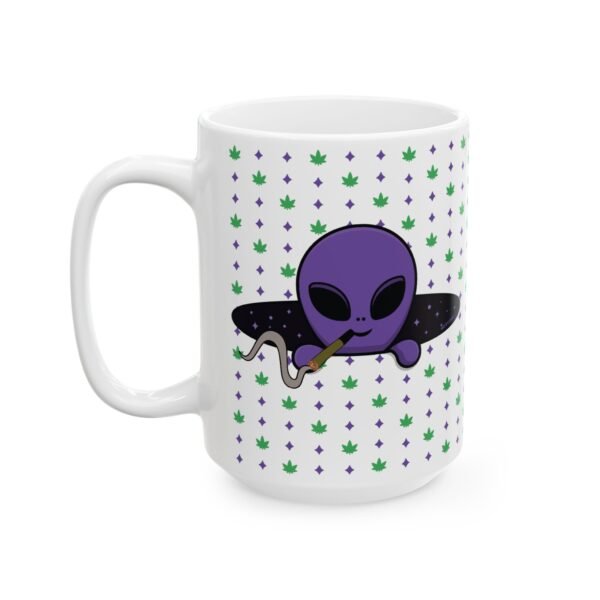 Purple Alien Portal Mug features a purple alien popping out of a black hole smoking a blunt. weed pattern behind alien
