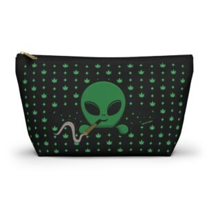 Green Alien Portal T-Bottom Bag features a green alien popping out of a black hole smoking a blunt. weed pattern behind alien