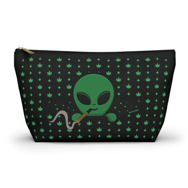 Green Alien Portal T-Bottom Bag features a green alien popping out of a black hole smoking a blunt. weed pattern behind alien