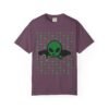 5689767186192771148_2048.jpeg Green Alien Portal T-Shirt features a green alien popping out of a black hole smoking a blunt. weed pattern behind alien