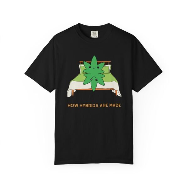 This how hybrids are made t-shirt features two weed leaves laying in bed on top of each other with "How Hybrids Are Made" written below