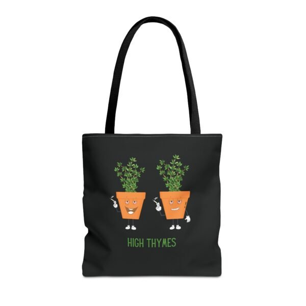 This high thymes tote bag features two thyme plants smoking joints with 'High Thymes' written below in green