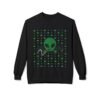 Green Alien Portal Sweatshirt t features a green alien popping out of a black hole smoking a blunt. weed pattern behind alien